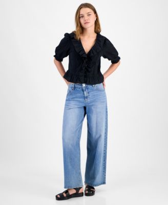 Women's Cotton Ruffled Cropped Elbow-Sleeve Blouse, Exclusively at Macy's
