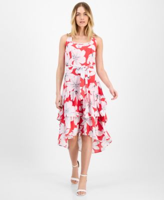 Anne Klein - Women's Printed Tie-Waist High-Low-Hem Dress