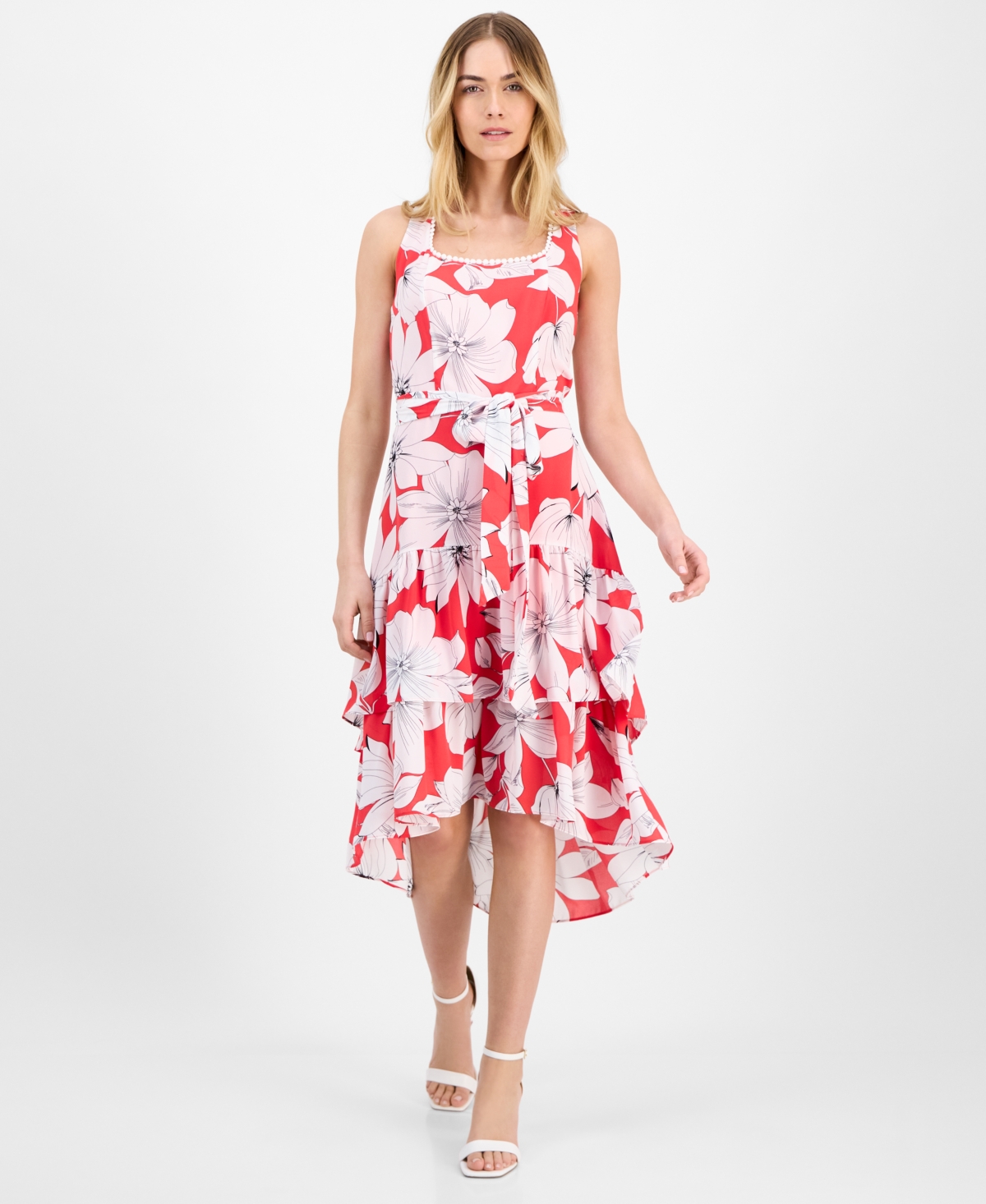 Women's Printed Tie-Waist High-Low-Hem Dress - Hibiscus Red Multi