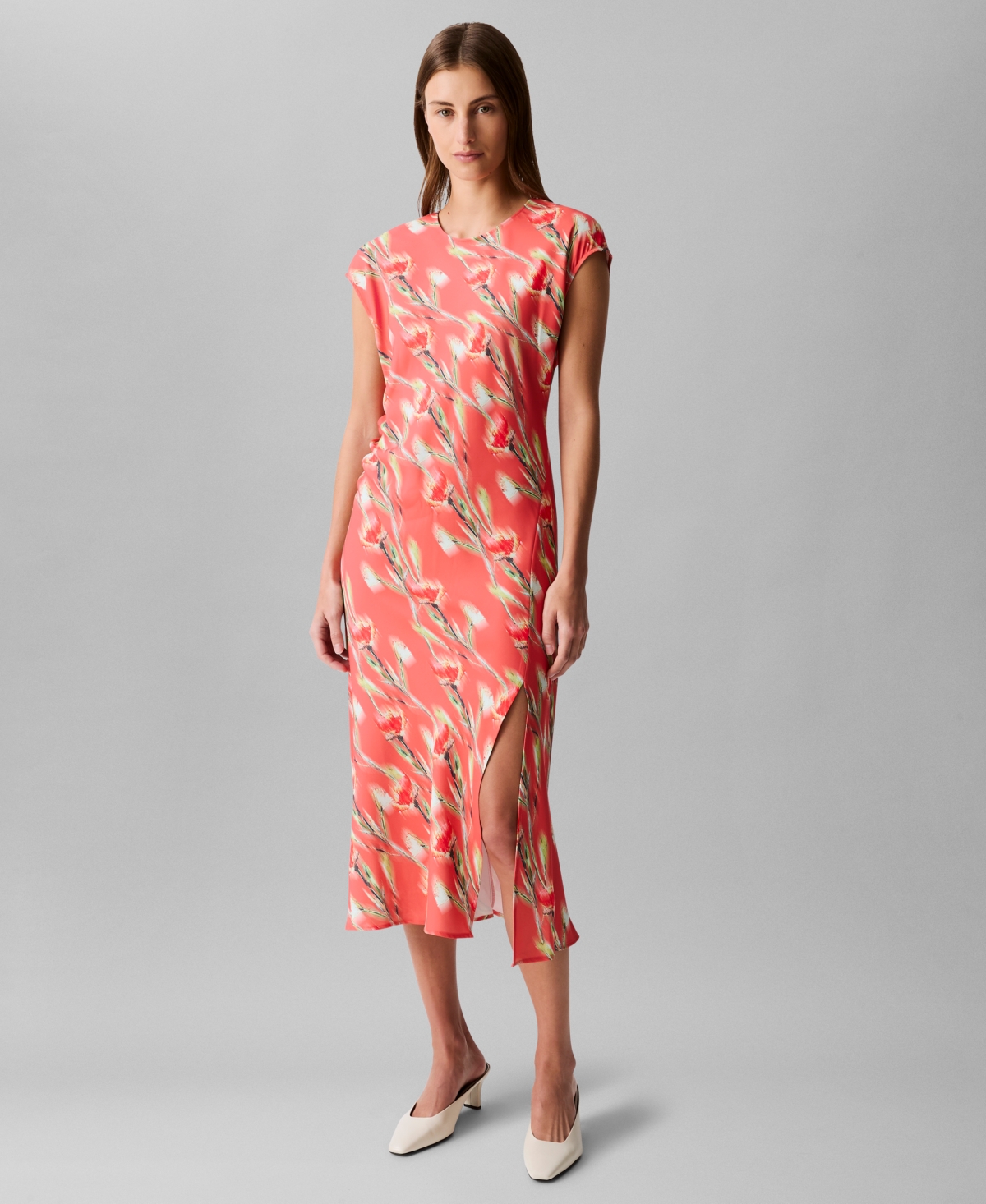 Shop Calvin Klein Women's Cap Sleeve Printed Satin Midi Dress In Orange Floral