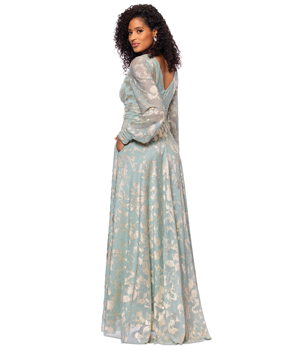Betsy & Adam Metallic Jacquard Long Sleeve Gown In Green