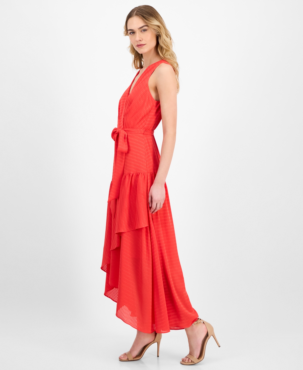 Shop Anne Klein Women's Tie-waist Ruffled-hem Satin Maxi Dress In Hibiscus Red
