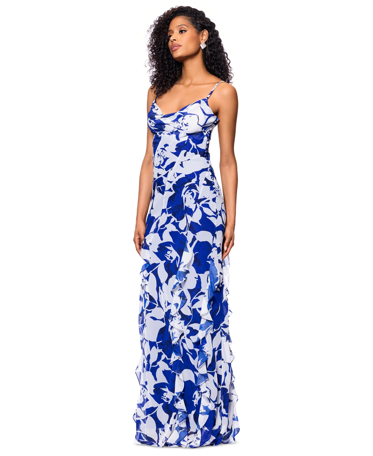 BETSY & ADAM WOMEN'S COWLNECK BUTTON-TRIM RUFFLED GOWN 