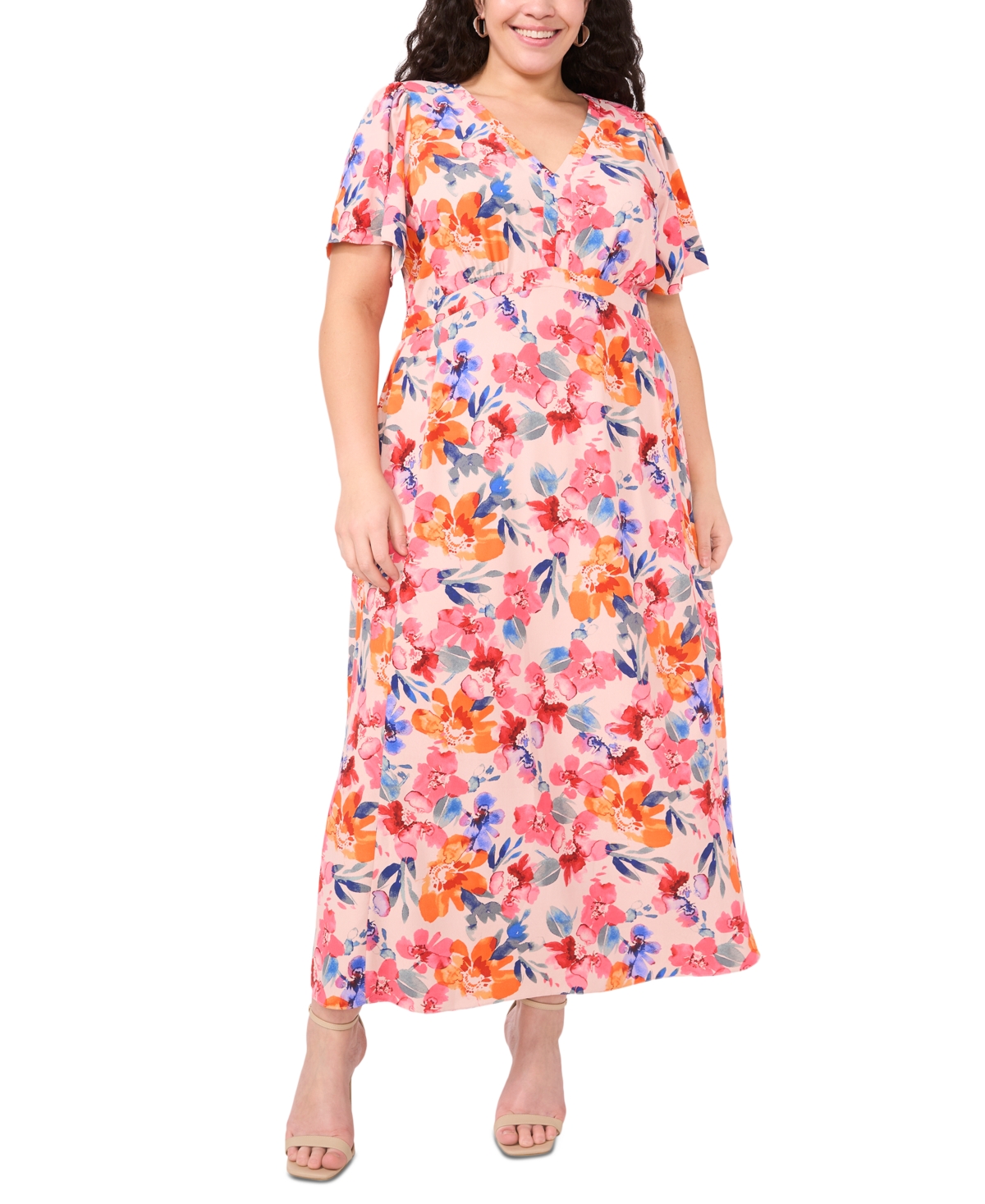 Plus Size Floral-Print Flutter-Sleeve Maxi Dress - Cream Red Orange
