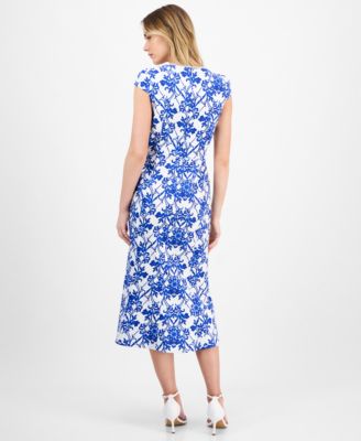 Printed Sweetheart-Neck Short-Sleeve Midi Dress