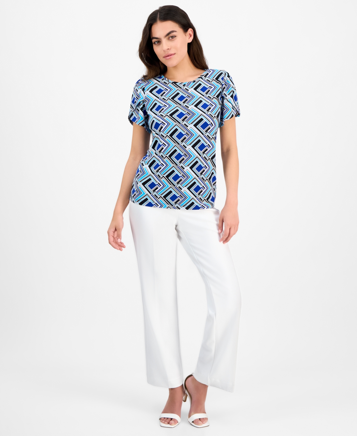 Ak Anne Klein Petite Geo-print Tulip-sleeve Top In Santorini Blue Multi