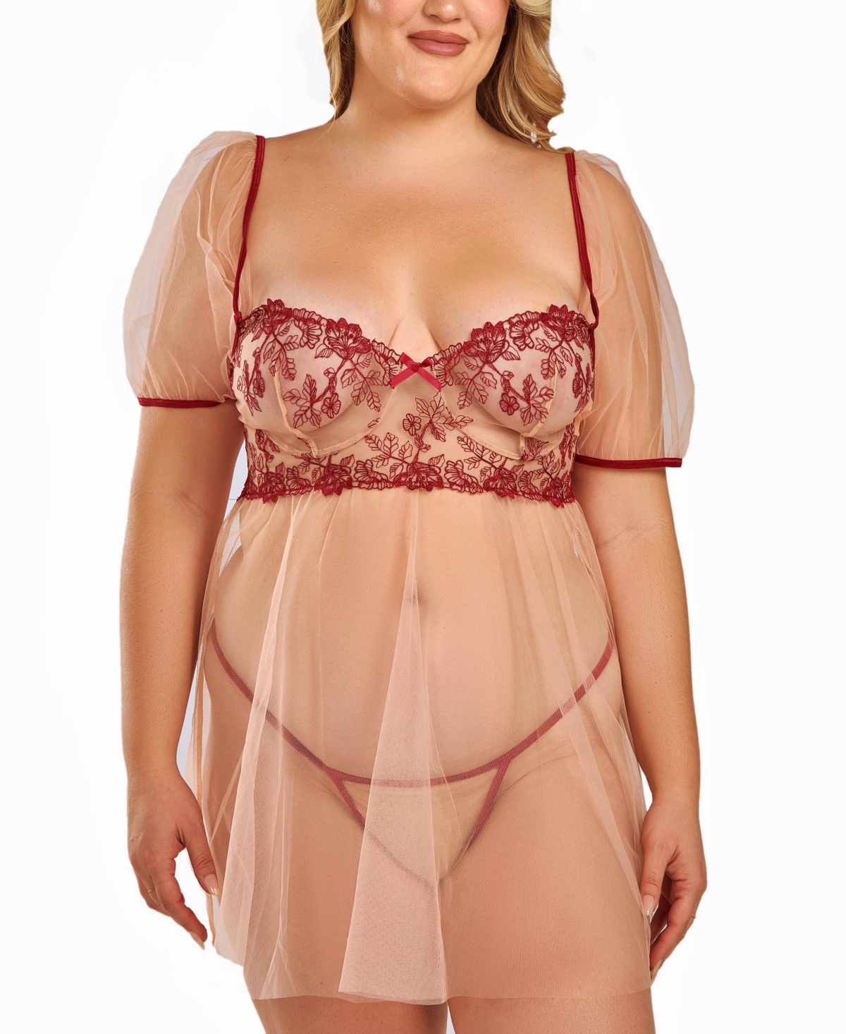 Plus Size Soft Cup Embroidered Mesh Bbdoll Lingerie Set - Red