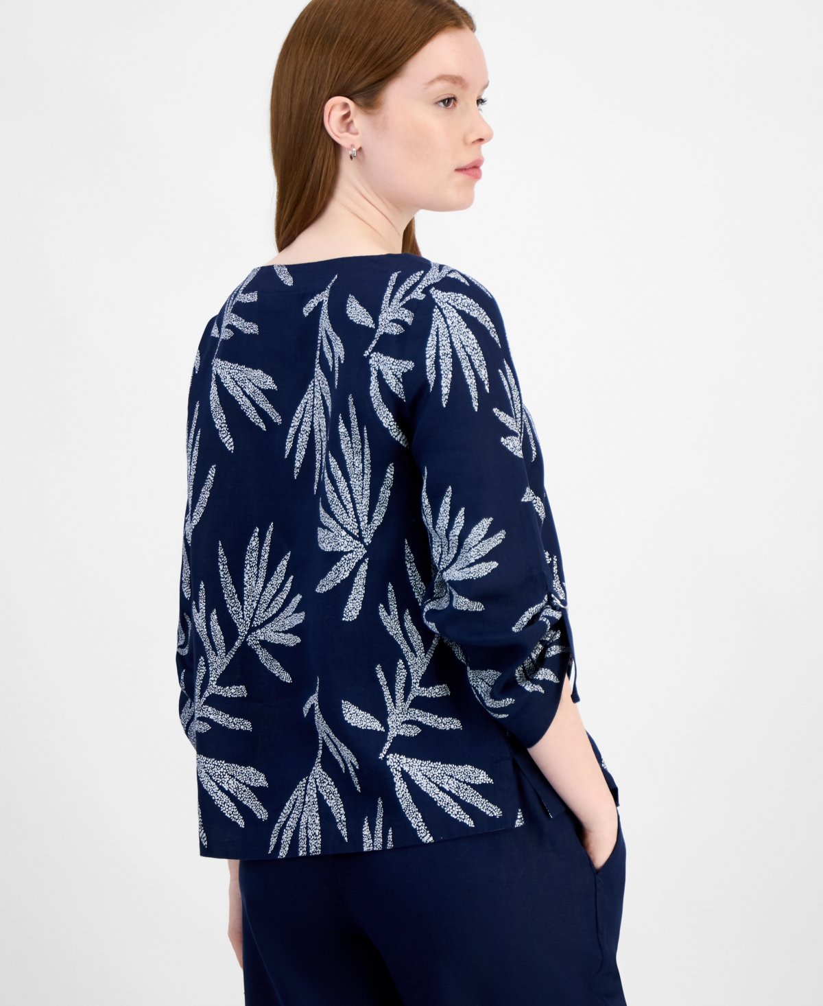CHARTER CLUB WOMEN'S 100% LINEN TEXTURED PALM-PRINT TOP, EXCLUSIVELY AT MACY'S 