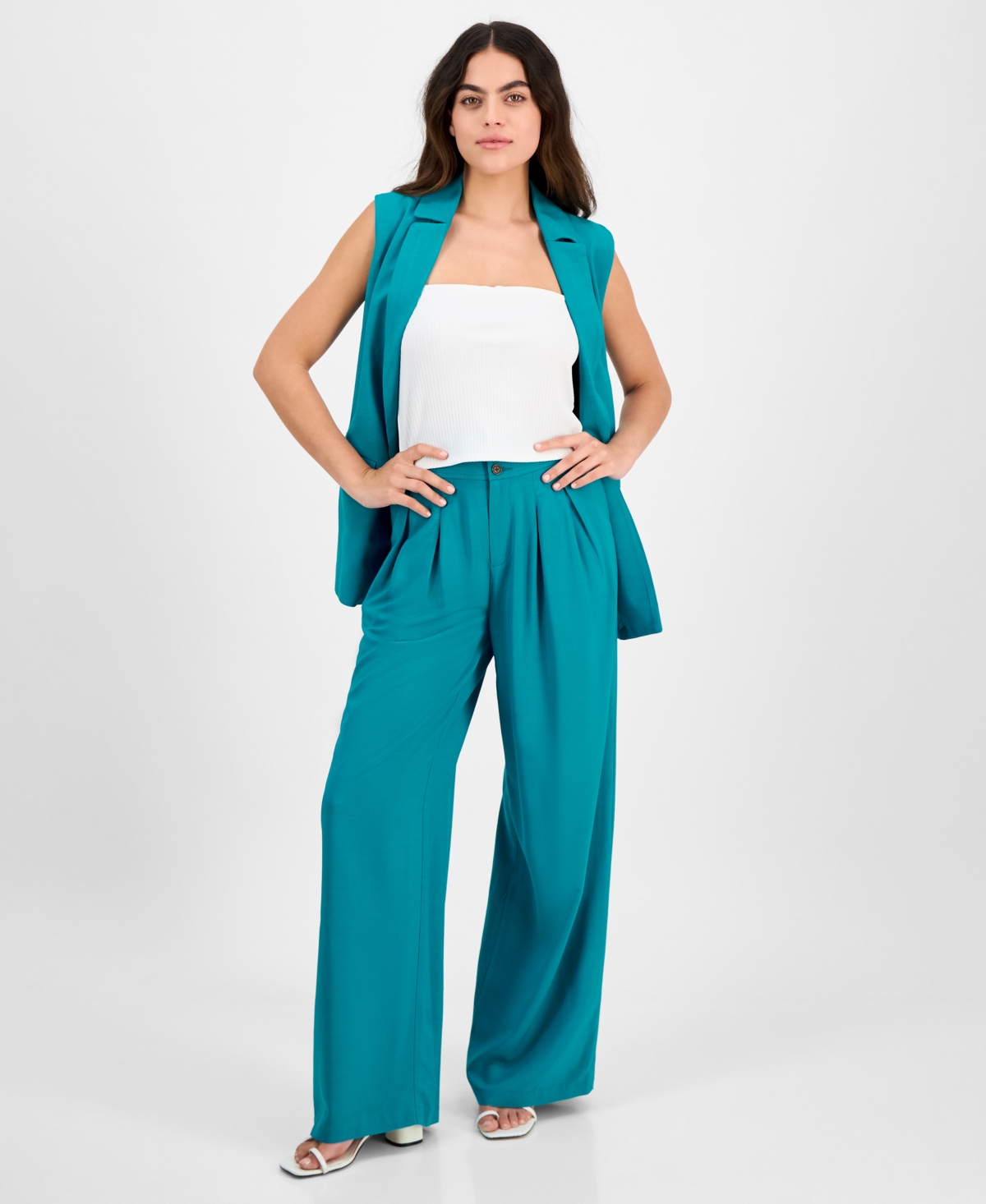 Petite High Rise Pleat-Front Wide Leg Pants, Created for Macy's - Vibrant Teal