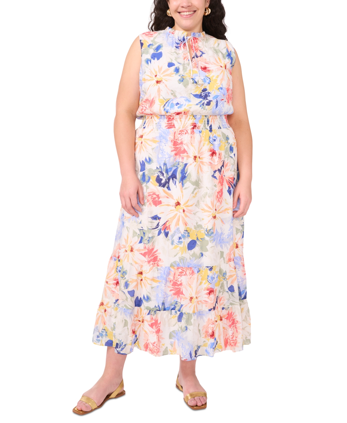 Vince Camuto Plus Size Split-neck Sleeveless Maxi Dress In Ultra White