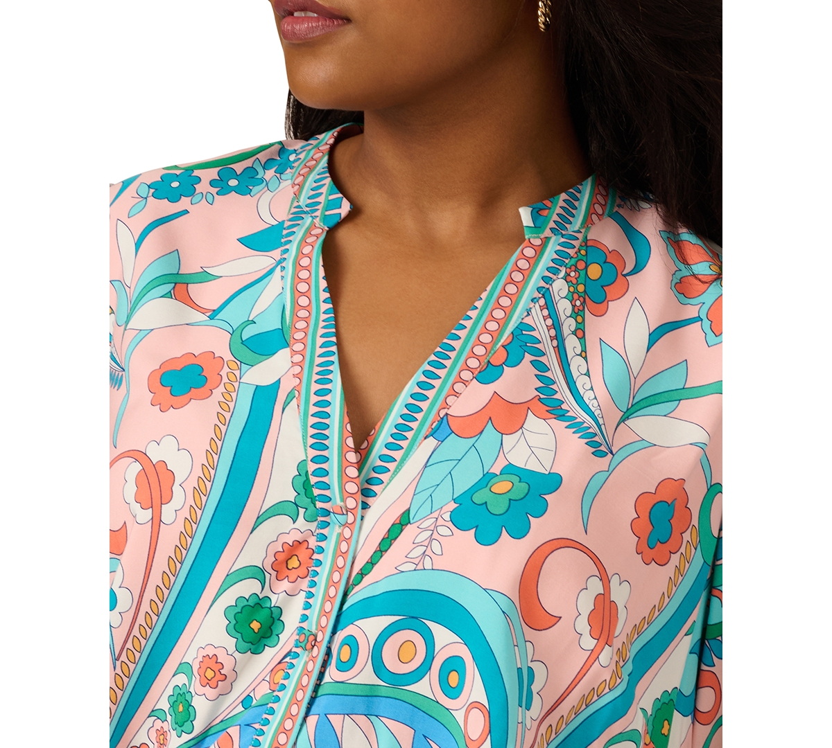 Shop Adrianna Papell Plus Size Printed Long-sleeve Belted Dress In Peach Multi