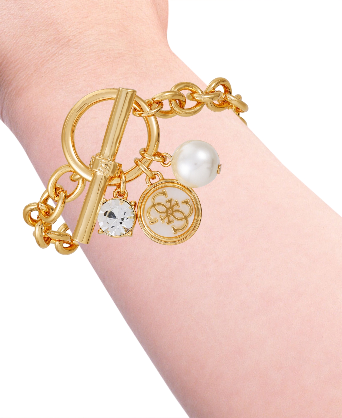 Guess Gold-tone Mixed Stone Logo Charm Link Bracelet In Gold