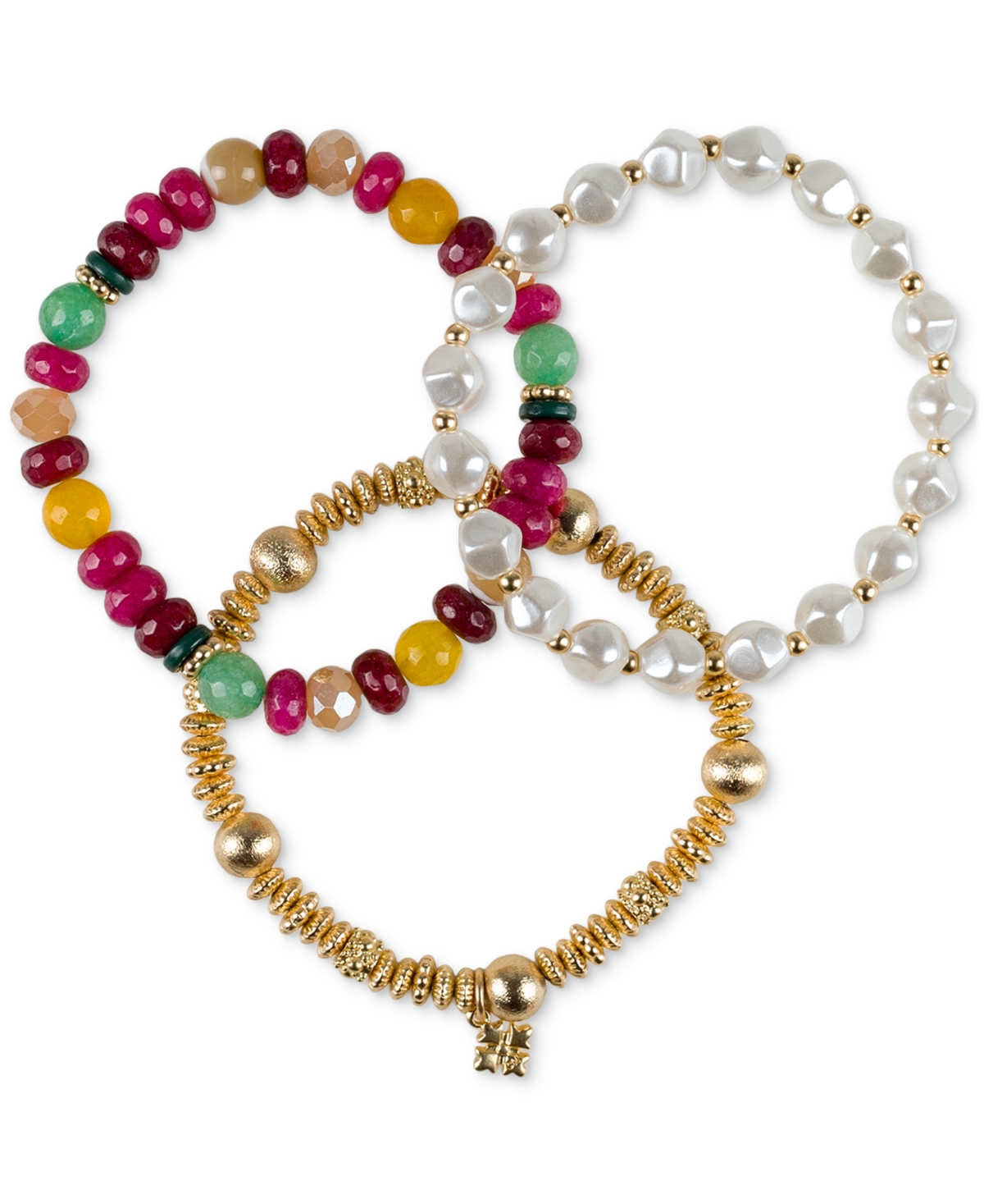Gold-Tone 3-Pc. Set Beaded Stretch Bracelets - Matte Gold