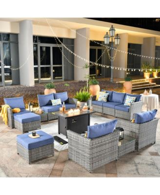 13 Piece Outdoor Wicker Patio Set with Sectional Sofa, 42" Fire Pit, Swivel Chairs, Ottomans & Coffee Table