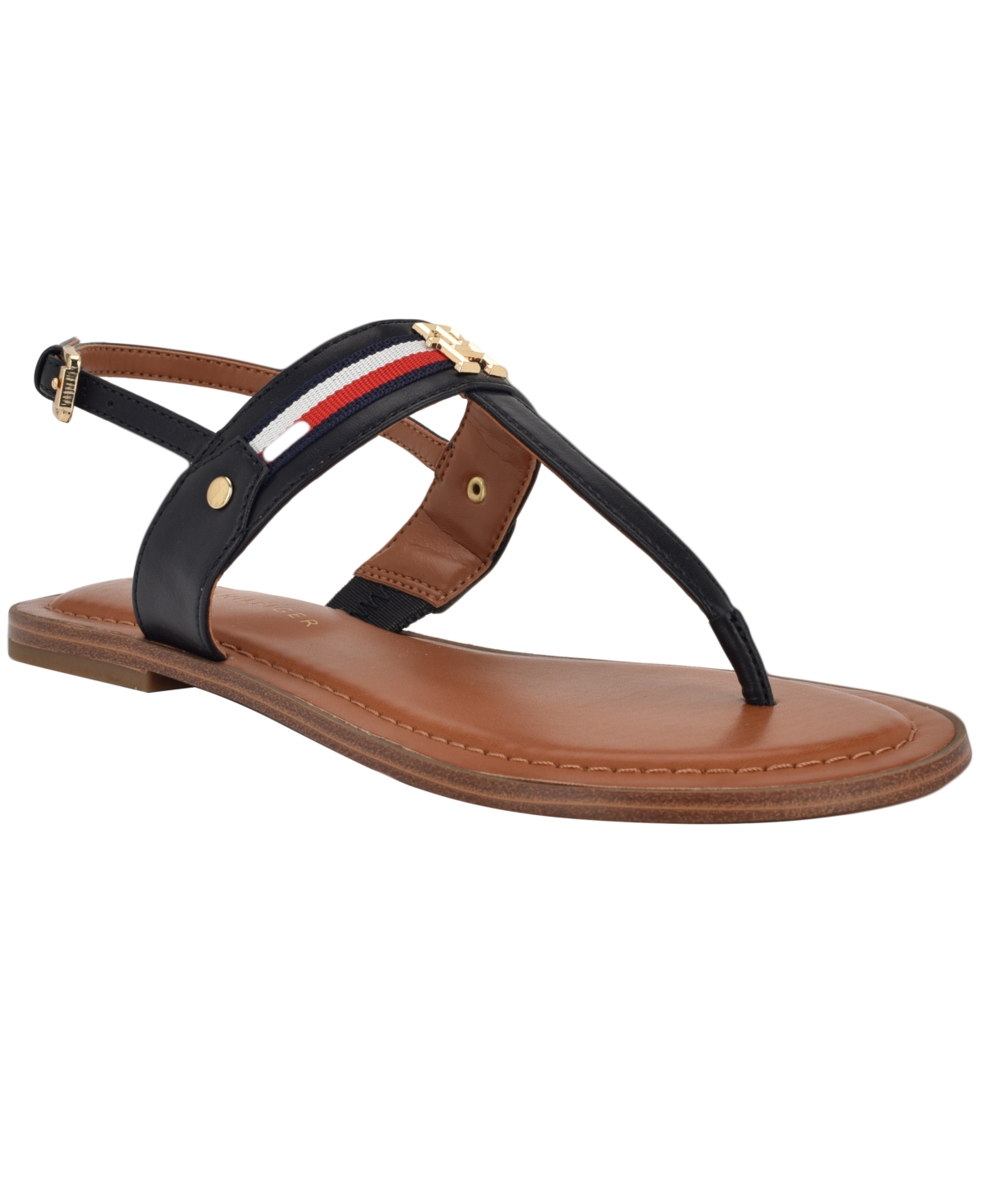 TOMMY HILFIGER WOMEN'S GABRY SIGNATURE STRIPE T-STRAP FLAT SANDALS 