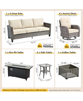 9 Piece Outdoor Patio Furniture with 3 Seat Sofa,All Weather Wicker Coversation Set with Swivel Rocking Chair,Balcony Sofa Set with Solar Nesting Tables and 54'' Fire Pit for Outside Porch Backyard Pool