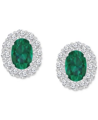 Cubic Zirconia Green Stone Oval Halo Stud Earrings in Sterling Silver