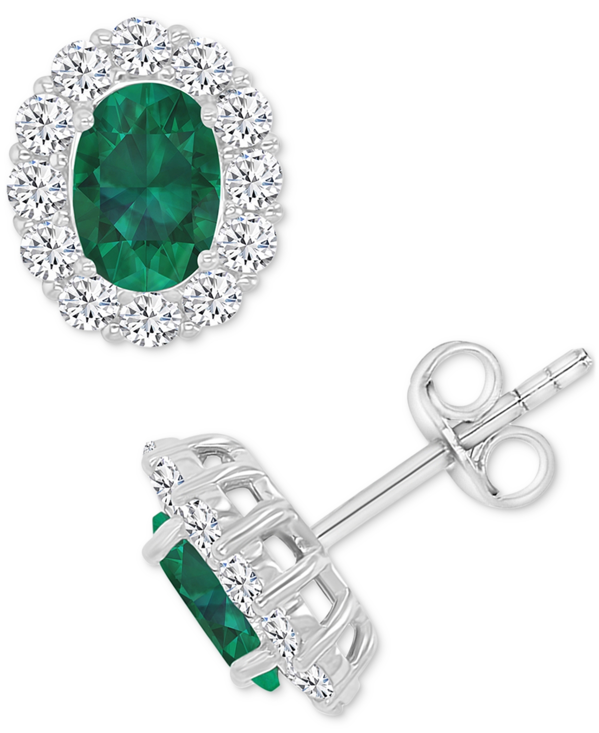 Cubic Zirconia Green Stone Oval Halo Stud Earrings Sterling Silver