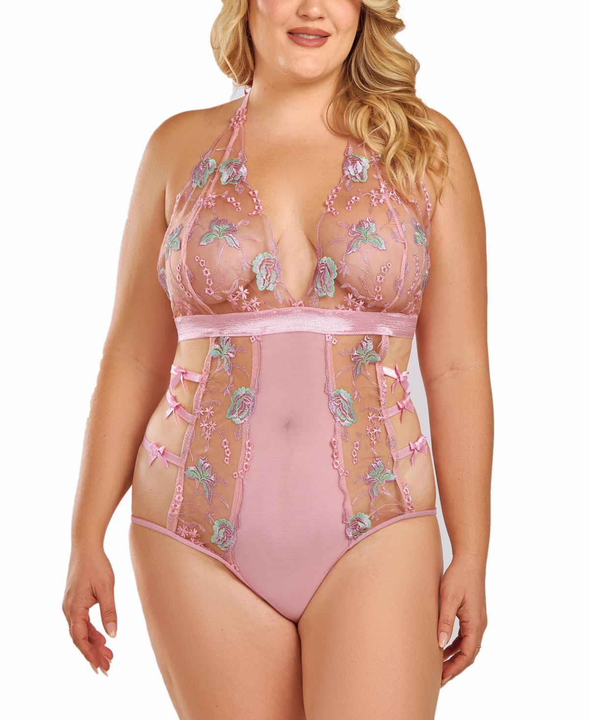 Plus Size Sheer Embroidered Bodysuit Lingerie with Bow Accents - Pink-Purple