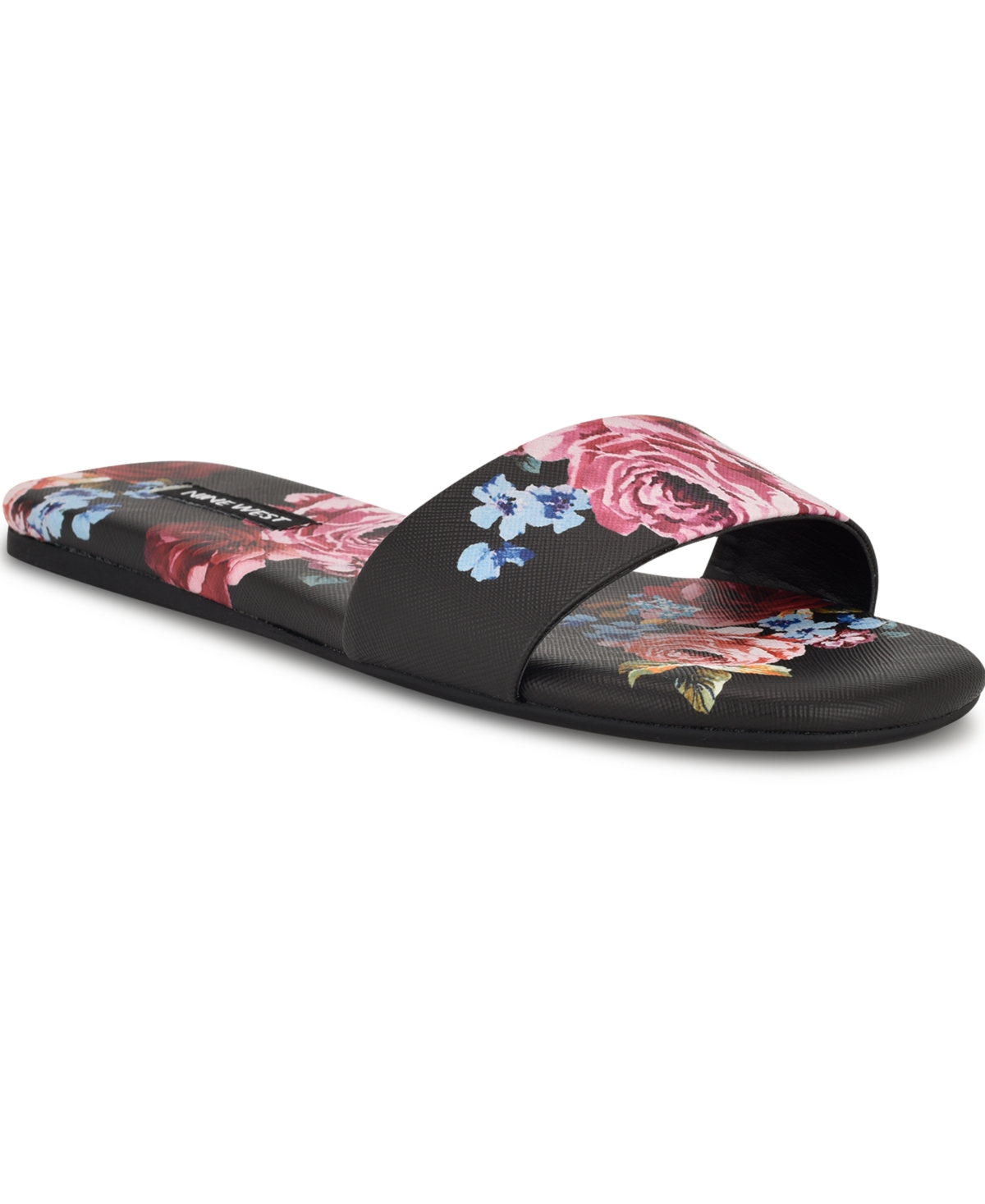 Shop Nine West Women's Lolipop Flat Slide Sandals In Black Scattered Rose