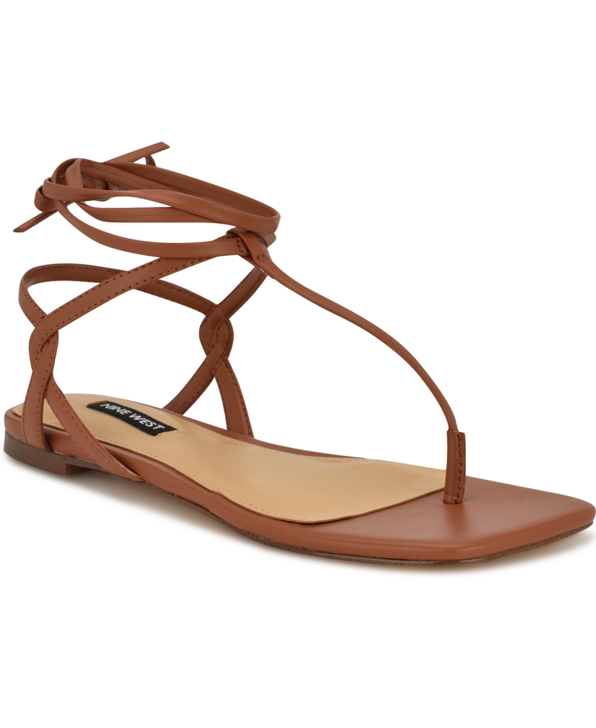 Nine West Women's Norta T-strap Tie-up Flat Sandals In Cognac