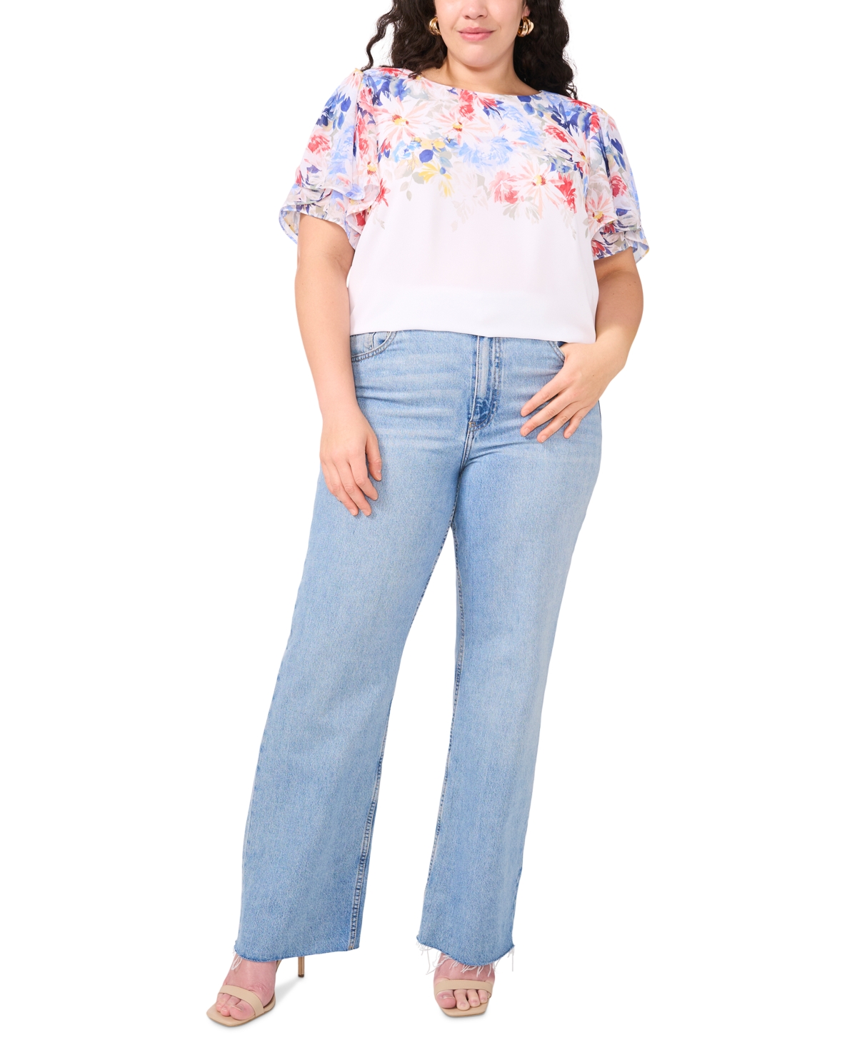 VINCE CAMUTO PLUS SIZE PRINTED TULIP-SLEEVE BLOUSE 