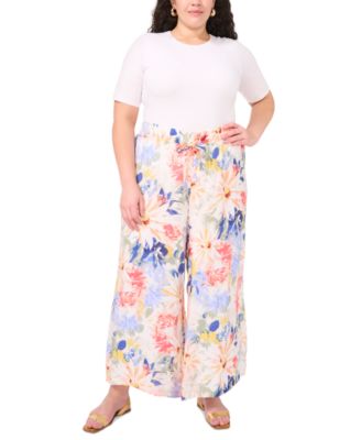 Plus Size Floral Angled-Hem Wide-Leg Pants