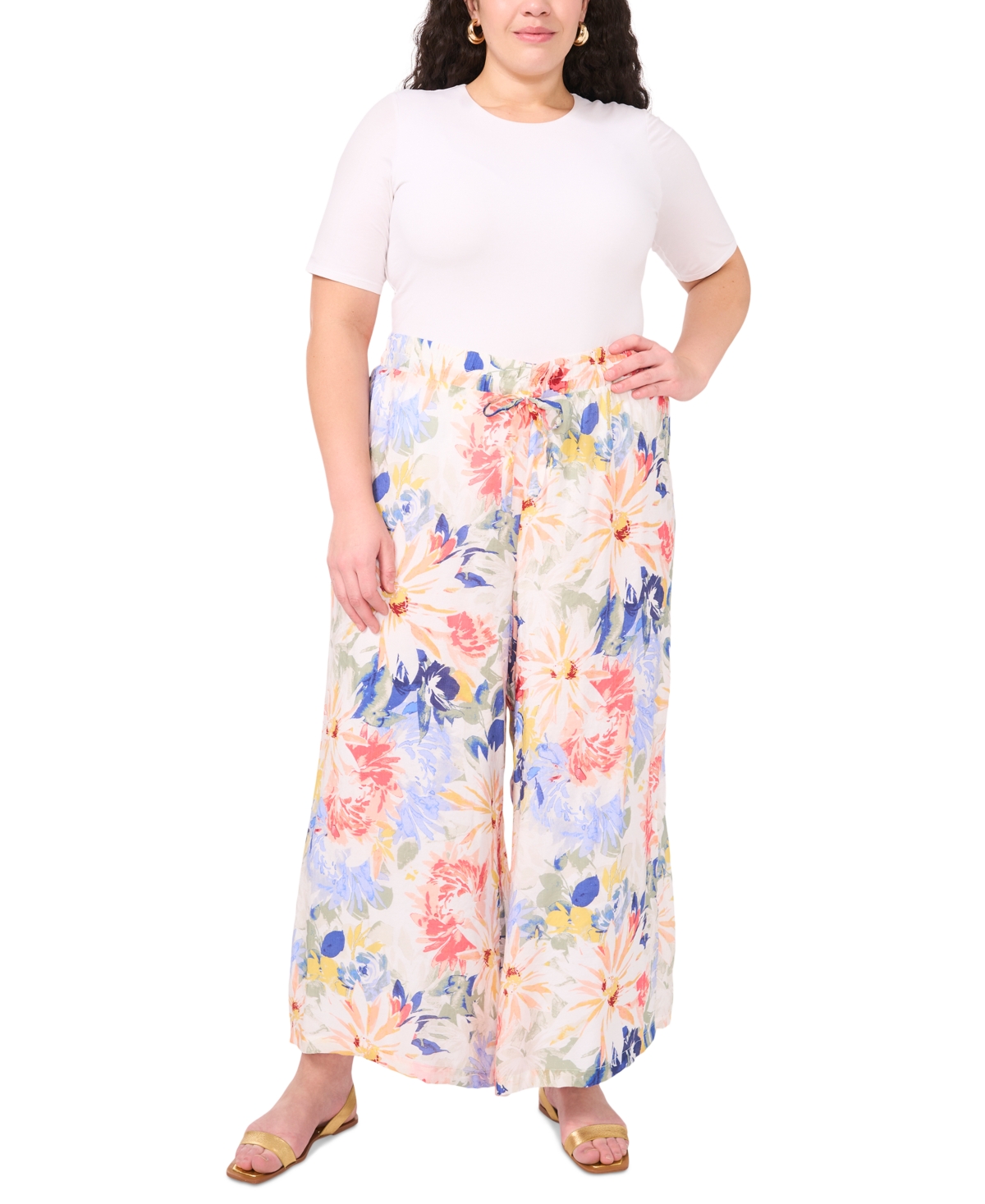 Vince Camuto Plus Size Floral Angled-hem Wide-leg Pants In Ultra White