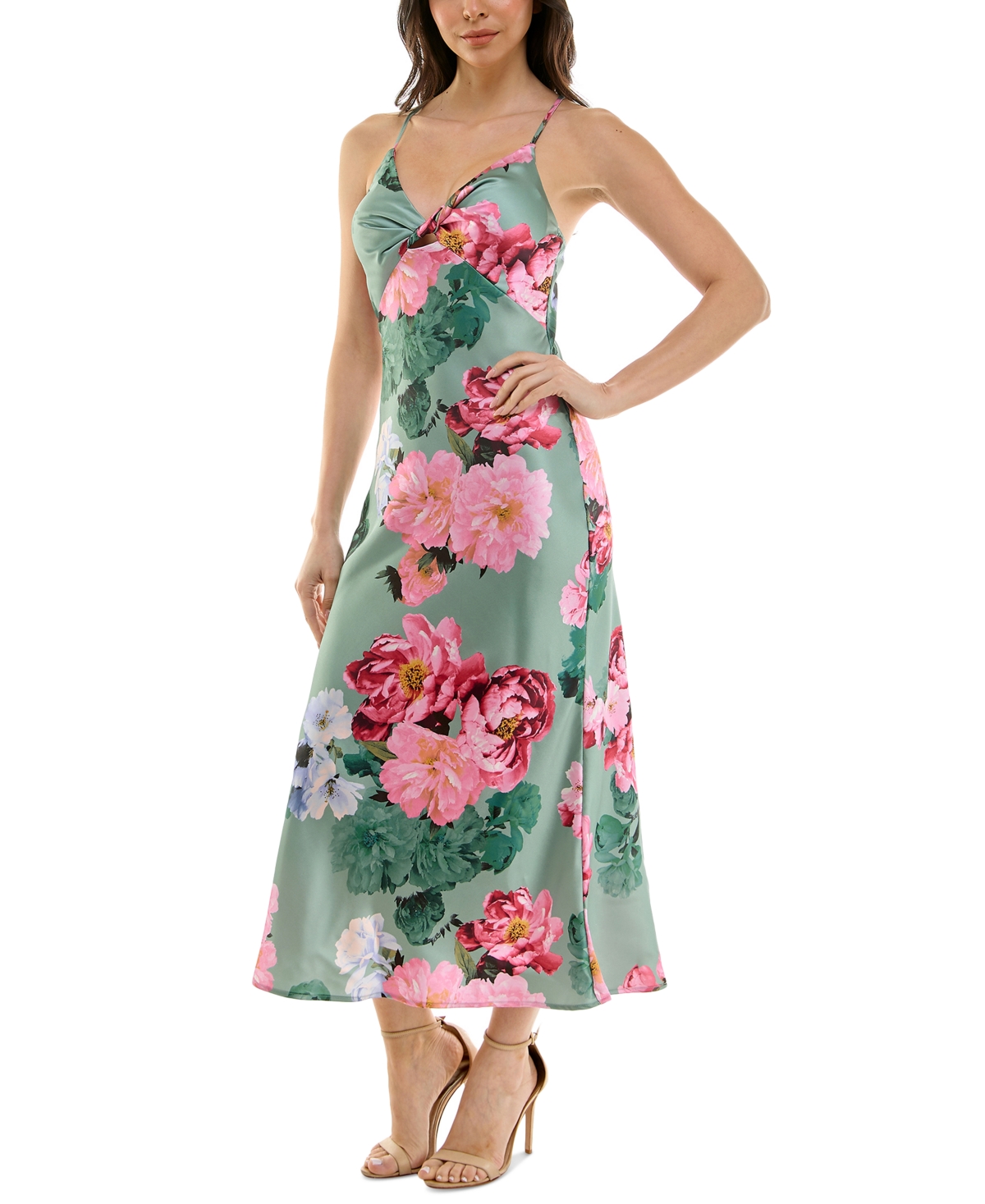 KATIA RAE WOMEN'S FLORAL SATIN TWIST-FRONT CUTOUT DRESS 