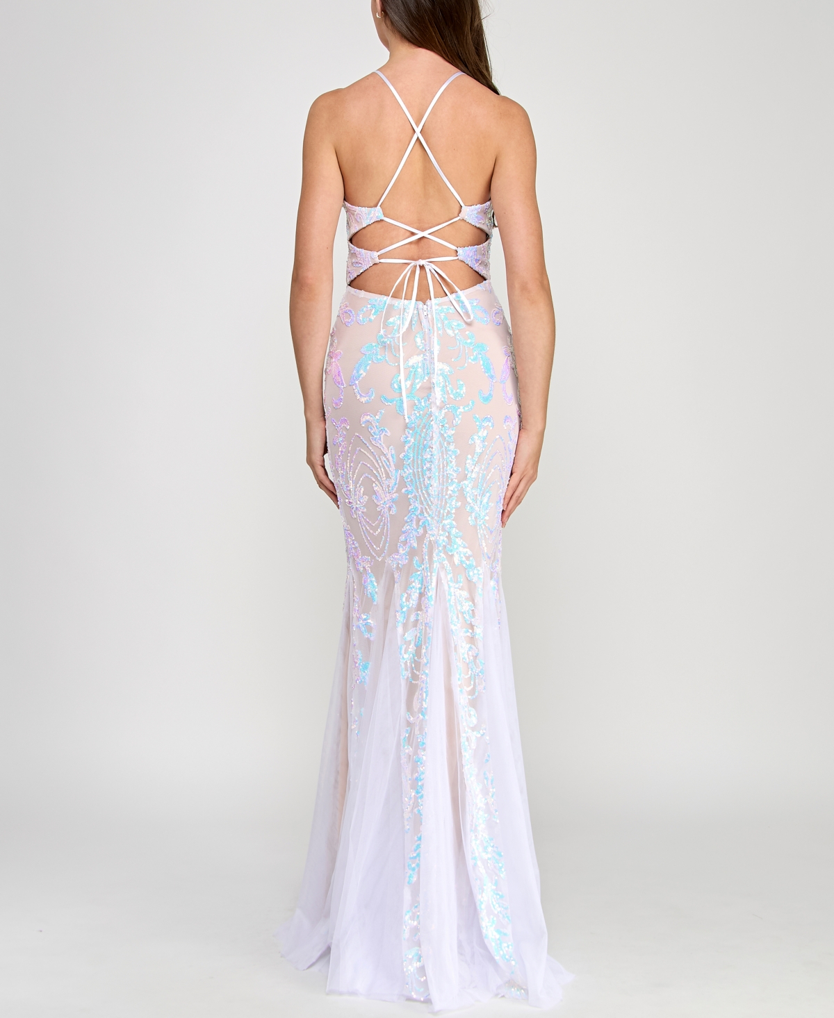 Crystal Doll Juniors' Lace-up-back Sequin Mesh Gown In Ivory,nude