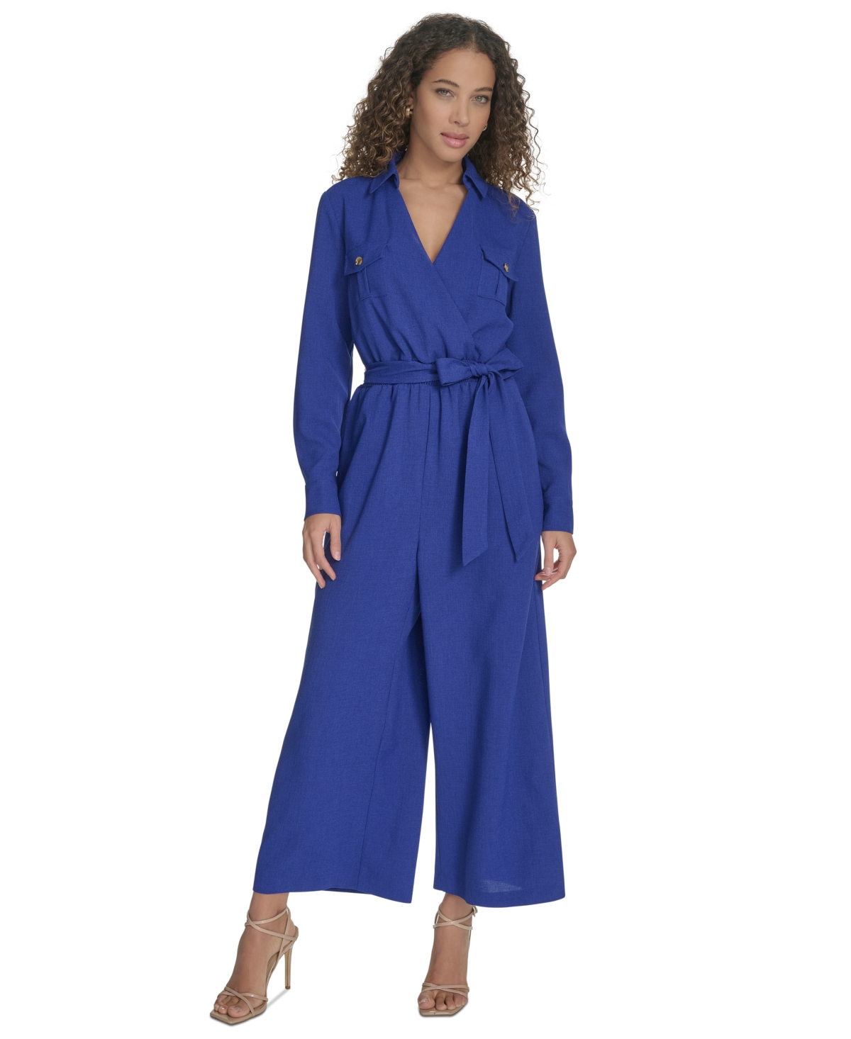 Calvin Klein Women's Long-sleeve Tie-waist Jumpsuit In Ultramarine