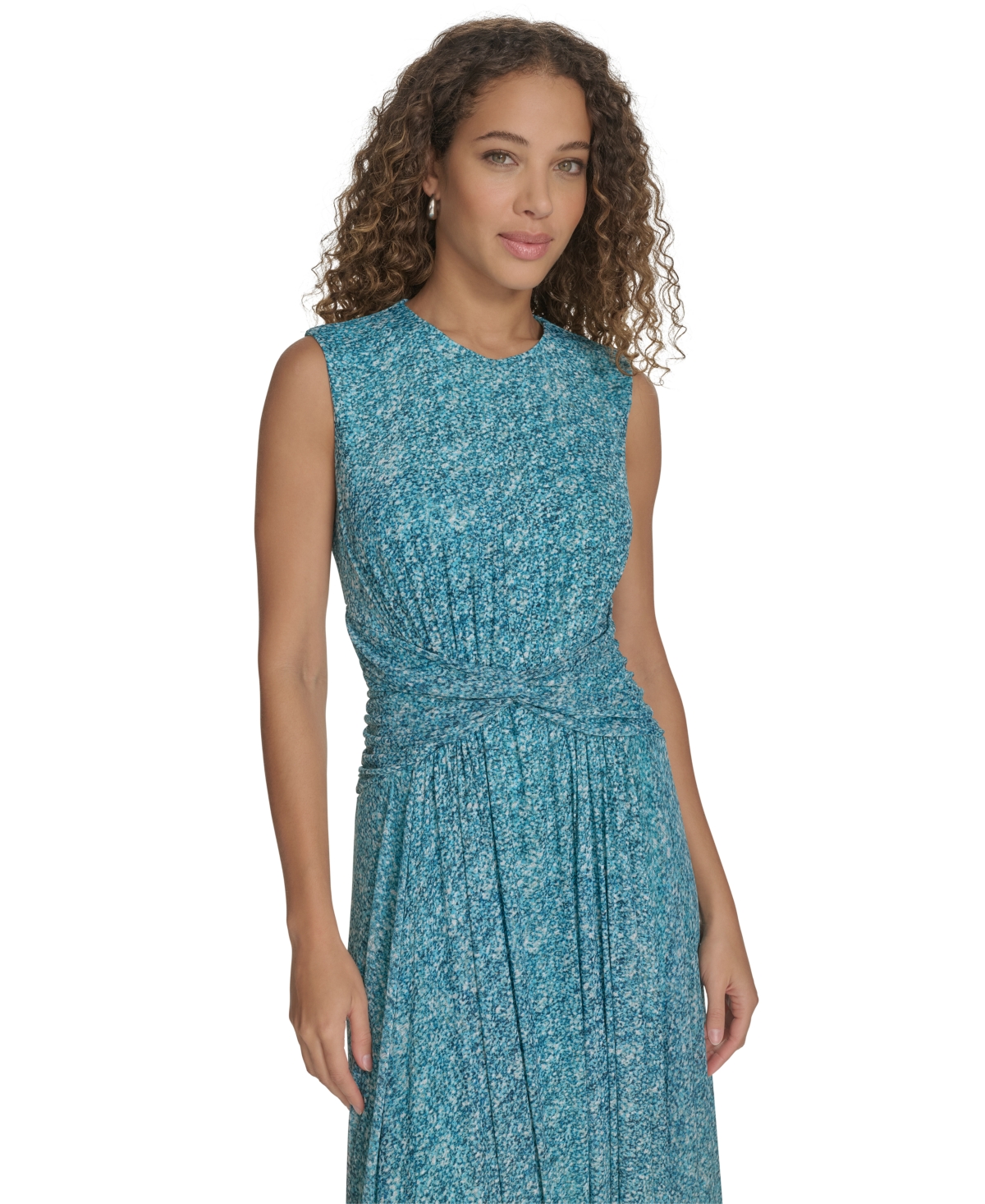 Calvin Klein Women's Printed Ruched-waist Midi Dress In Lake Multi