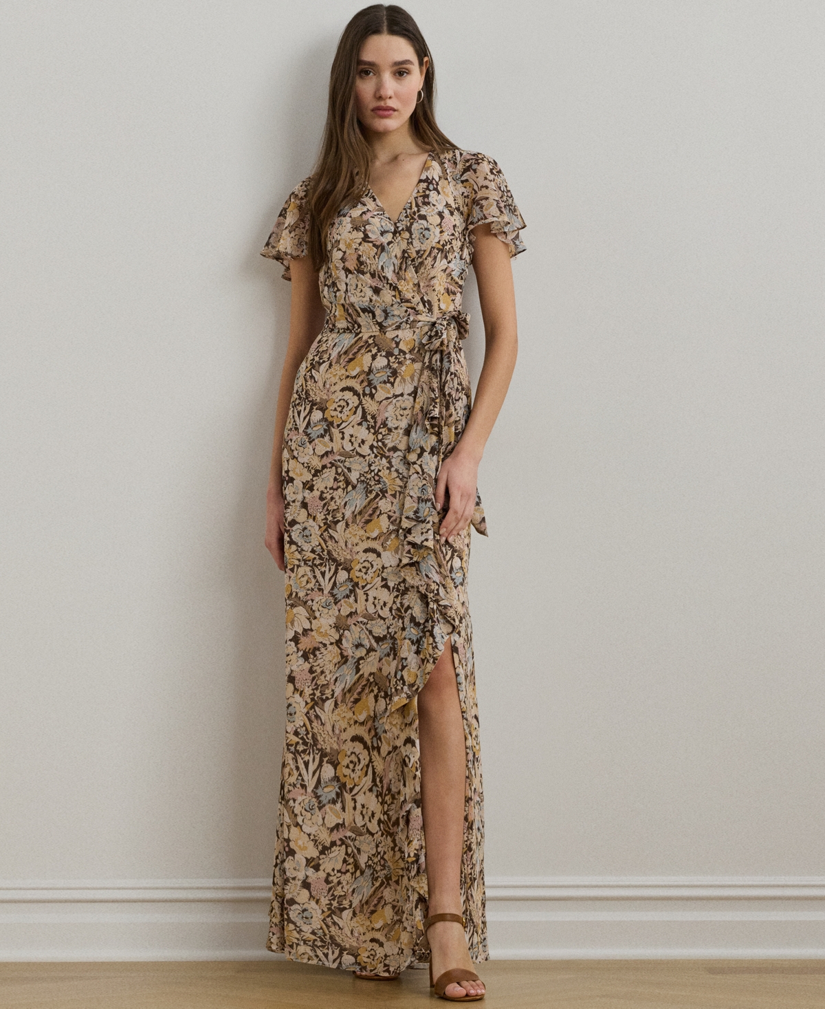 RALPH LAUREN WOMEN'S FLORAL BELTED FLUTTER-SLEEVE GOWN 