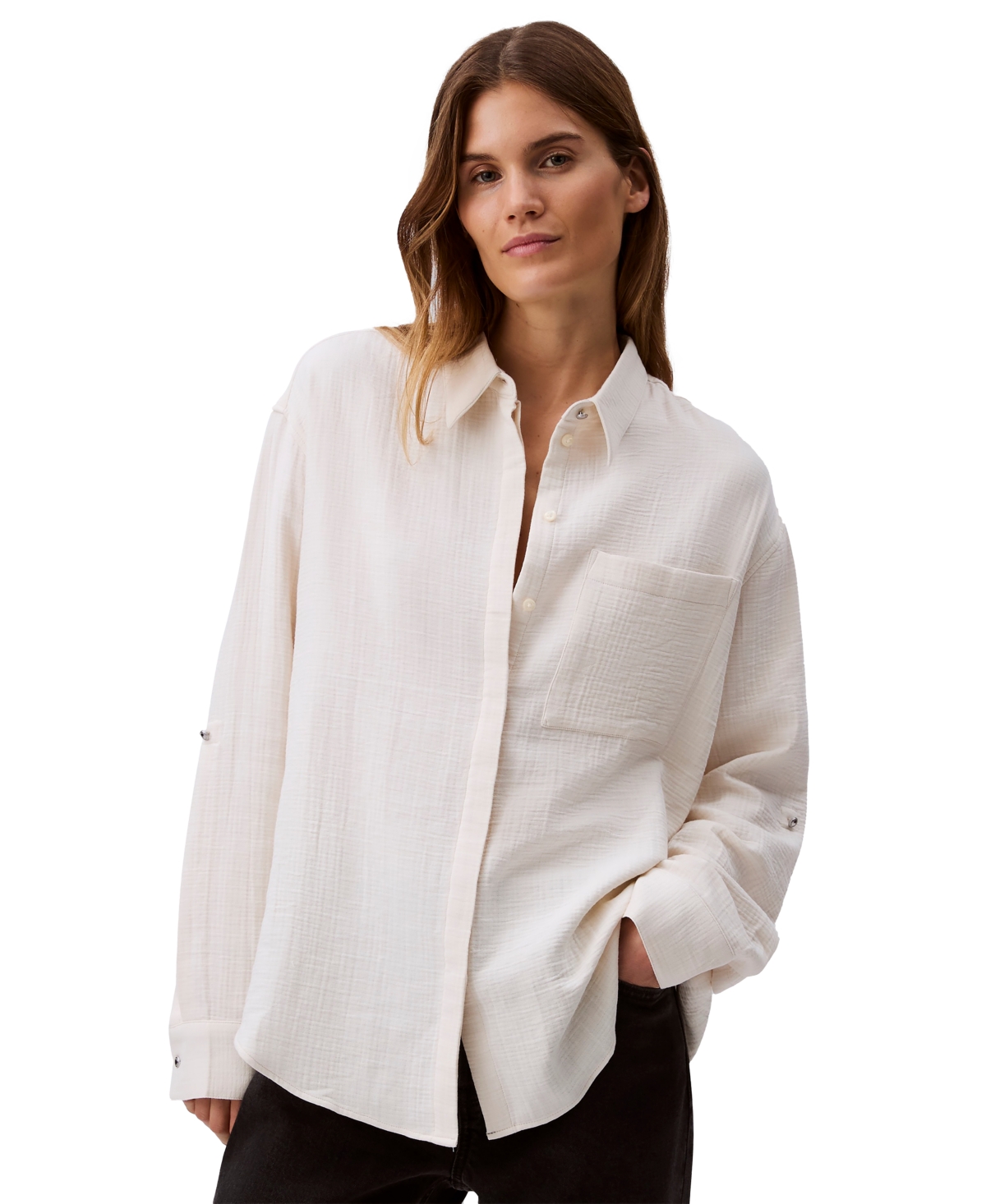 Calvin Klein Jeans Est.1978 Women's Double Gauze Roll-tab-sleeve Button-down Shirt In Chalk