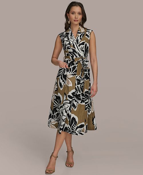alfani Donna Karan New York Women's Printed Faux-Wrap Midi Dress Women's Fashion Shoes & Accessories