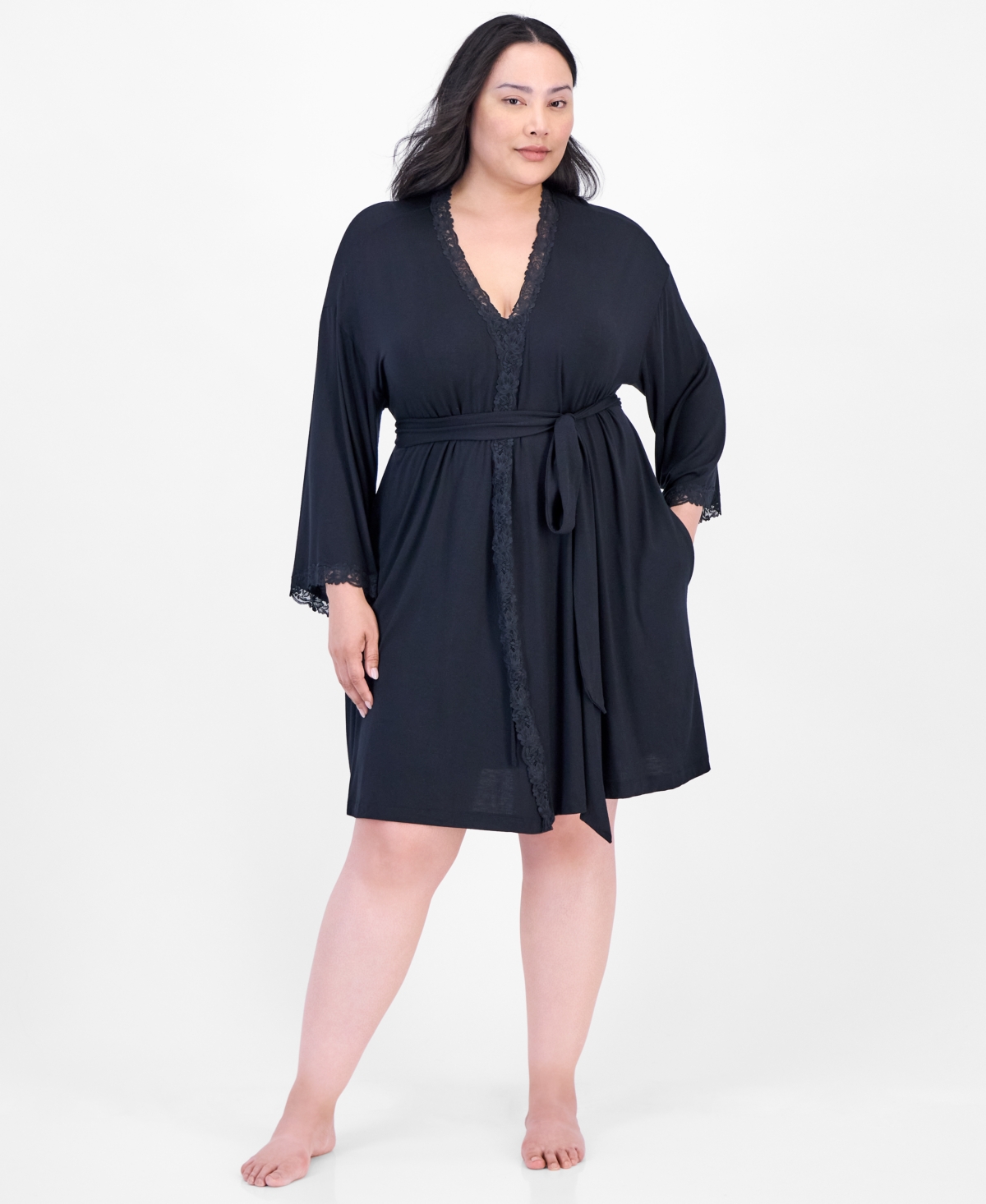 MACY'S I.N.C. INTERNATIONAL CONCEPTS PLUS SIZE LACE-TRIM KNIT WRAP ROBE, EXCLUSIVELY AT MACY'S 