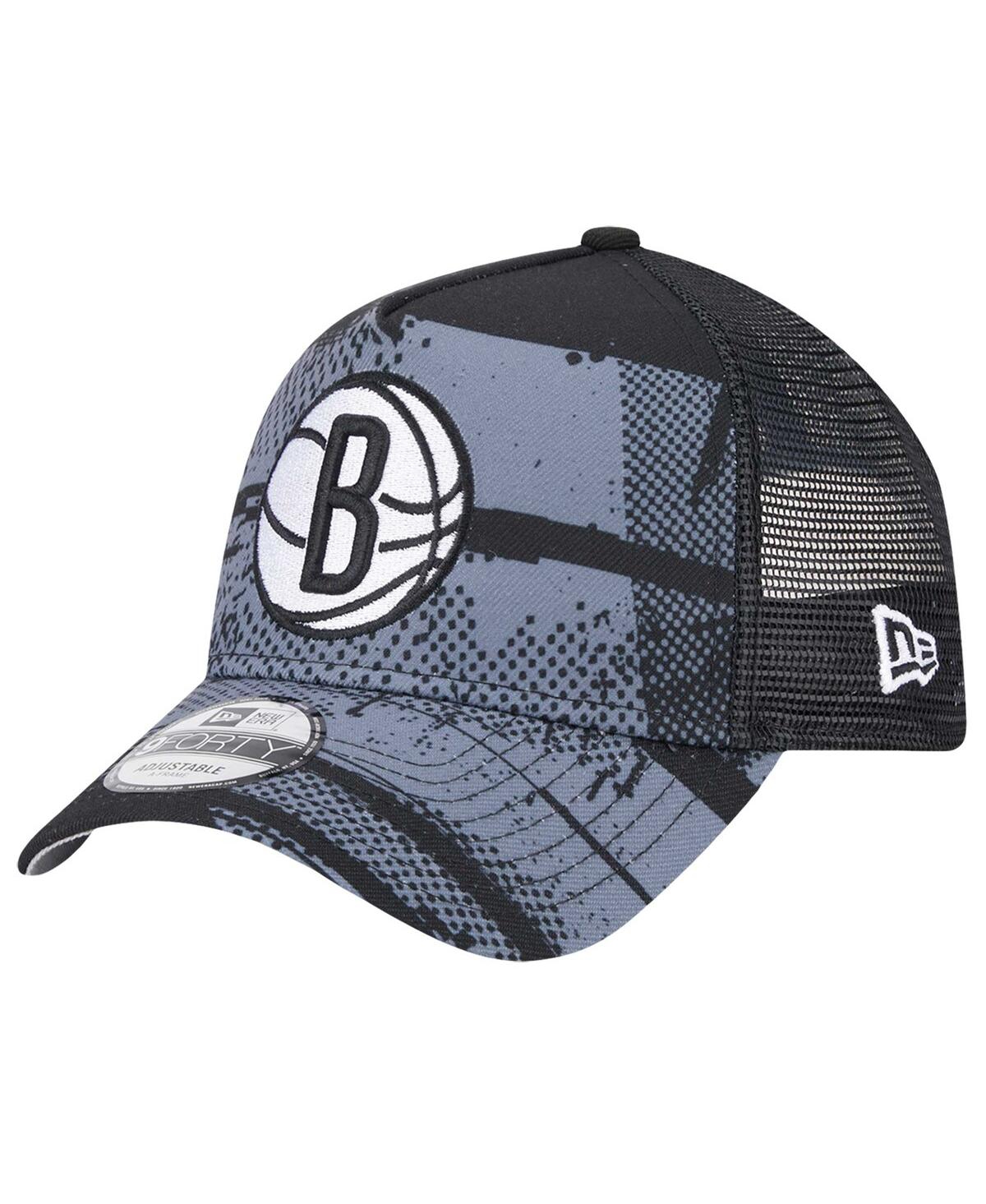 NEW ERA MEN'S BLACK/CHARCOAL BROOKLYN NETS TIP OFF A-FRAME TRUCKER 9FORTY ADJUSTABLE HAT 