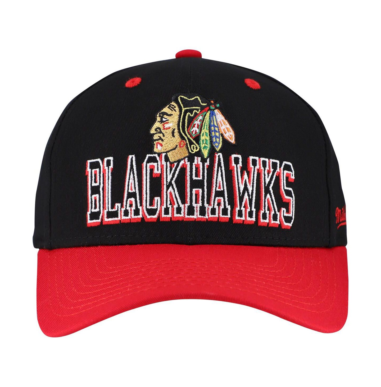 Мужская кепка Mitchell & Ness Black/Red Chicago Blackhawks Backside Script Two-Tone Pro Crown Adjustable Hat — фото 4