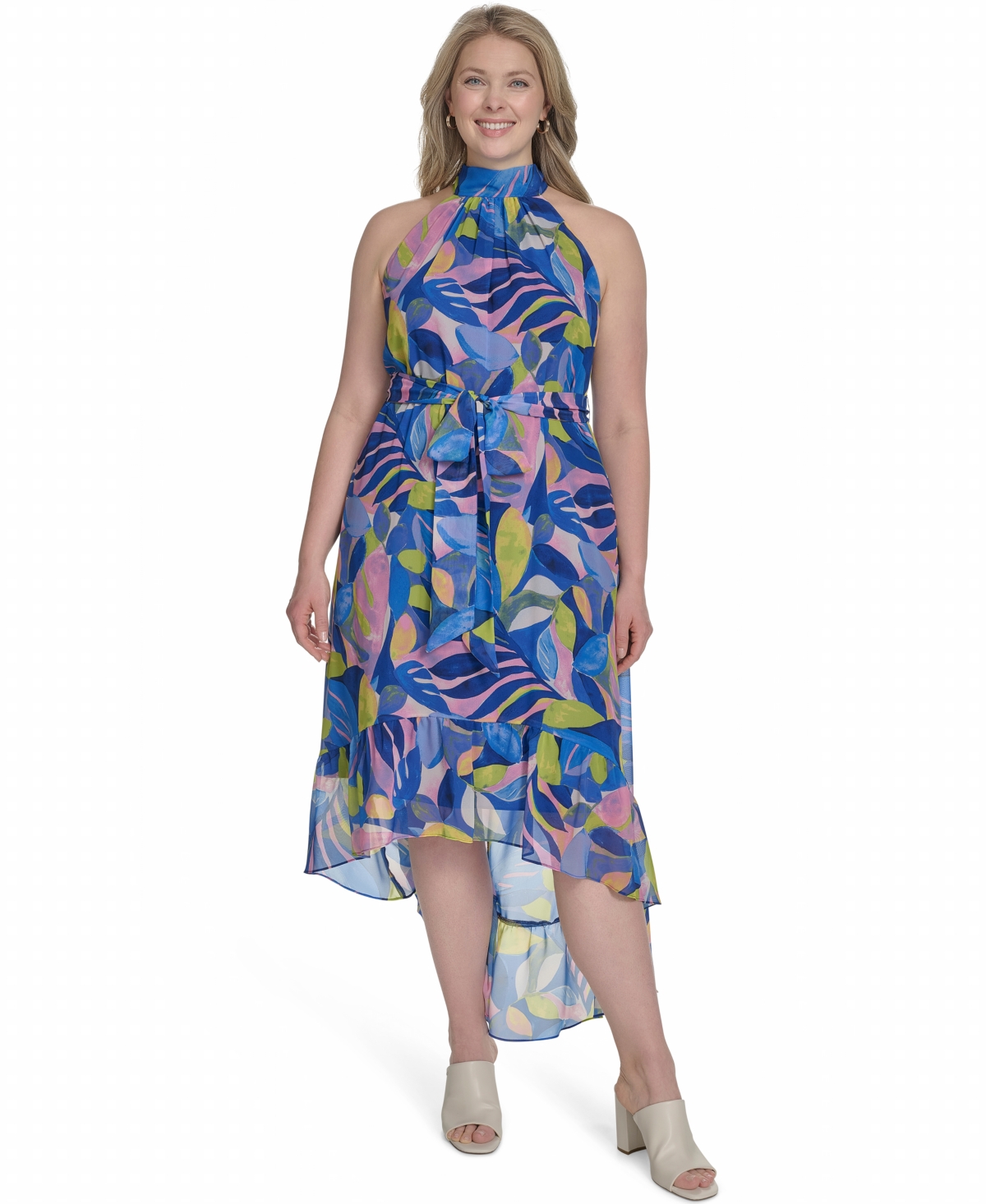 ELIZA J PLUS SIZE PRINTED CHIFFON HIGH-LOW HALTER DRESS 