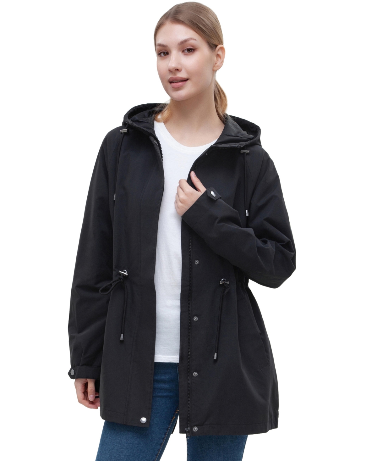 Women's Water-Resistant Hooded Anorak Rain Jacket Trench Coat - Black