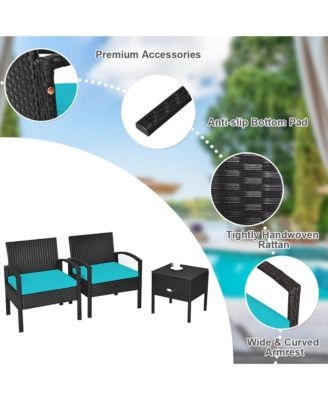 3 Piece Outdoor Rattan Conversation Furniture Set w/  Cushion & Storage Table