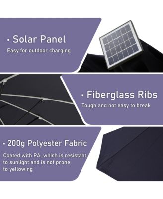 15 ft Patio Umbrellas with Solar Lights 12 LED Strip Lights Umbrella Rib, Double-Sided Market Umbrella with Base Included, Grey