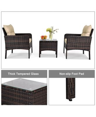3PCS Outdoor Patio Rattan Furniture Set w/ Chairs Coffee Table Cushions
