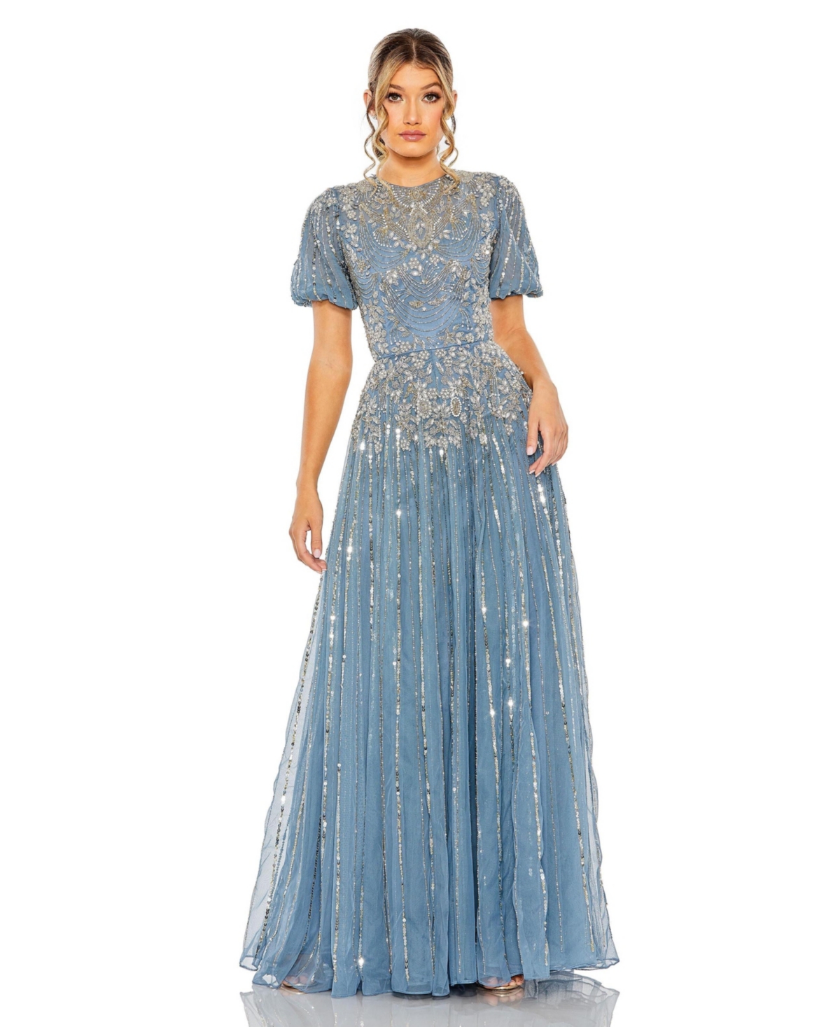 Mac Duggal Women's High Neck Puff Sleeve Embellished A Line Gown - Slate blue