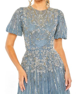 【MAC DUGGAL】クイーンアンネック パフスリーブAラインドレス Mac Duggal Women's High Neck Puff Sleeve Embellished A Line