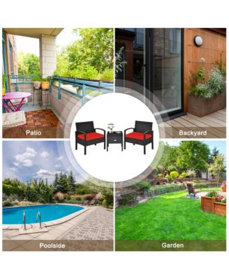 3 Piece Outdoor Rattan Conversation Furniture Set w/  Cushion & Storage Table