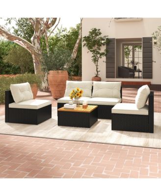 5 PCS Rattan Sofa Set Outdoor Wicker Furniture Set w/ Back Cushions & Square Coffee Table