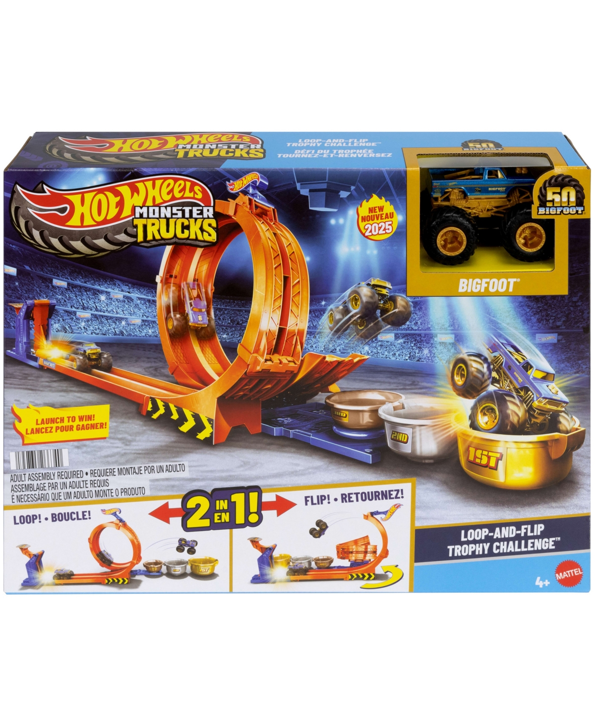 Hot Wheels Monster Trucks Loop-and-flip Trophy Challenge Playset With Die-cast Bigfoot Toy Truck In Multi-color