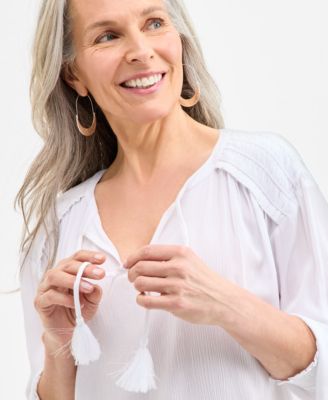 Women's Tasseled Split Neck 3/4-Sleeve Top, Exclusively at Macy's