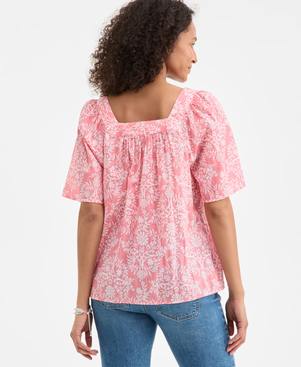 Style & Co Petite Floral Cotton Square-neck Top, Exclusively At Macy's In Pink